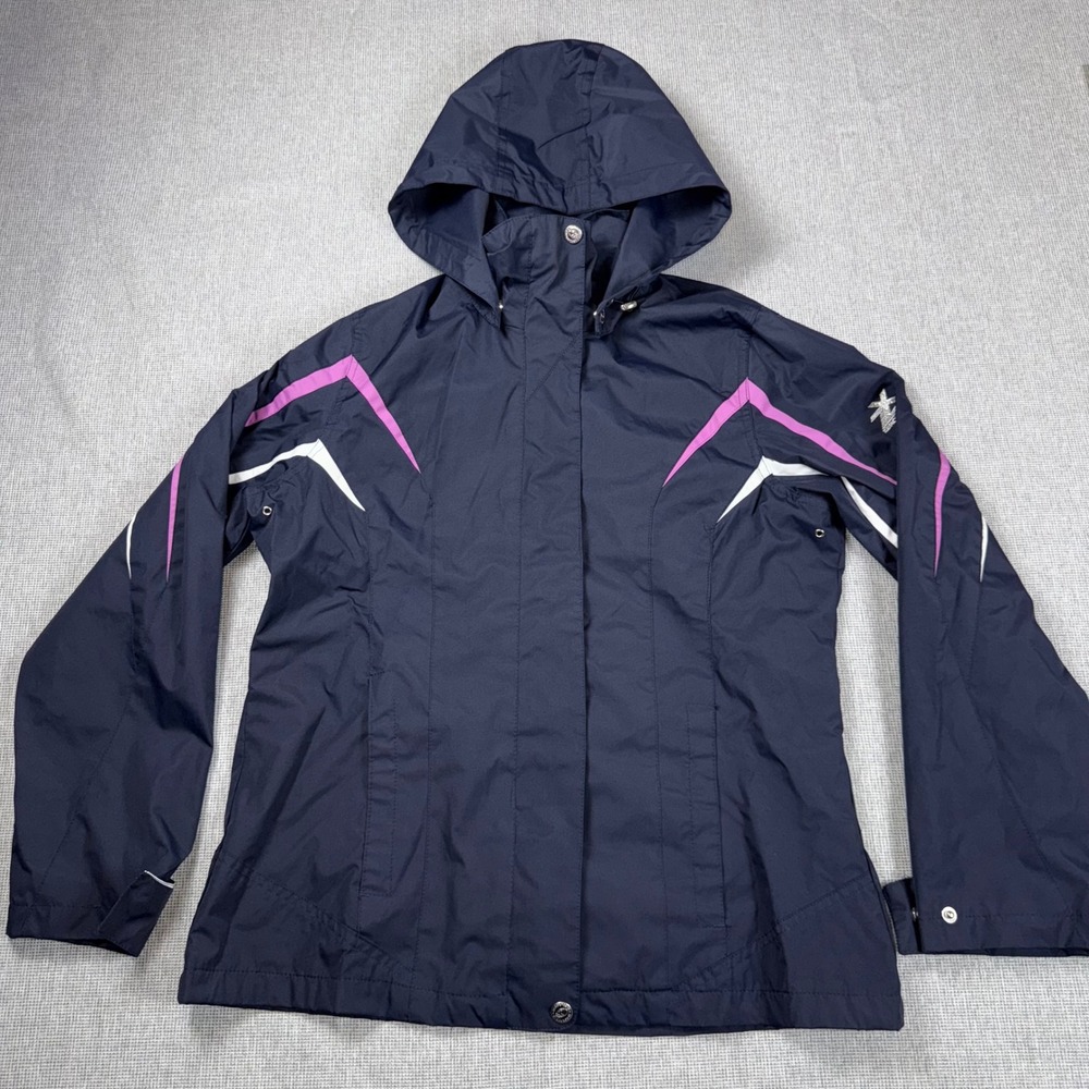ZeroXposur Womens Navy Blue Hooded Windbreaker Jacket Purple Accents Size S
